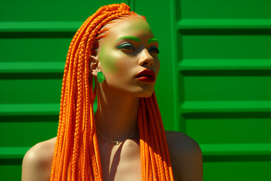 beautiful albino african young woman with long orange braids, red lipstick, green makeup, earrings and background, sunlight, colorful, afro ethnic style, vivid radiant pop fashion model