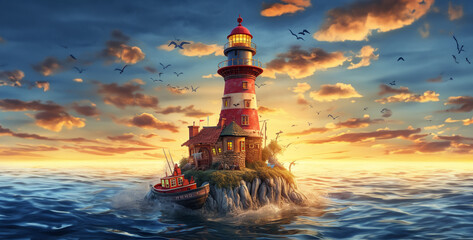 lighthouse happy sunny boat in front, lighthouse on the island, lighthouse at dusk.hd background wallpape