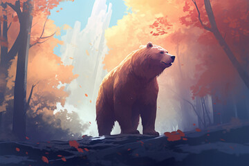 painting style landscape background, a bear in the forest - obrazy, fototapety, plakaty
