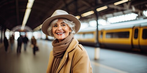 Portrait of smiling mature woman before catching a train at the train station. Looking at the camera. .Travel photography. 