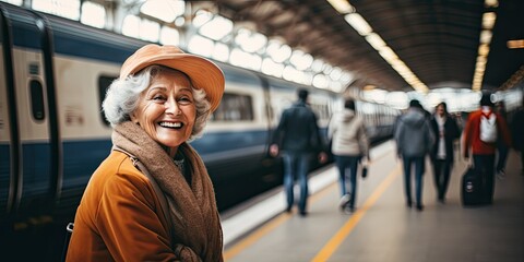 Portrait of smiling mature woman before catching a train at the train station. Looking at the camera. .Travel photography. 
