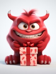 Cool funny 3D cartoon of mischievous red devil character smiling, PVC plastic toy, fun monster figurine with a Christmas gift box with ribbon and bow, devilish present, nice cool gift idea, wish list - obrazy, fototapety, plakaty
