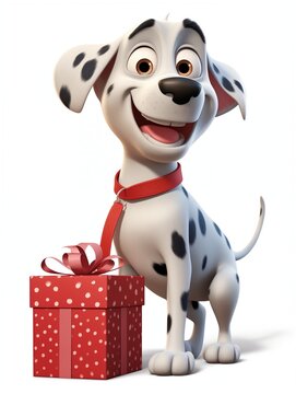 Cool funny 3D cartoon of adorable smiling dalmatian dog character, PVC plastic toy, fun animal figurine with a Christmas gift box with ribbon and bow, lovely puppy with present, no human, no people