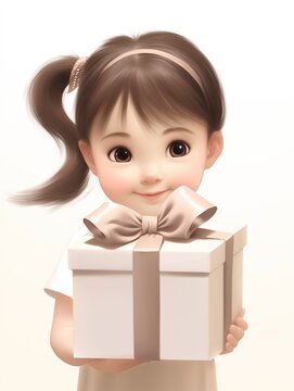 Cute watercolor drawing of a little girl with gift box, smiling adorable child offering a present, lovely friend, daughter or sister in brown and white colors, soft and warm, tender face and eyes