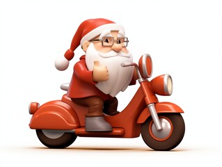 Cool funny 3D cartoon Santa Claus character riding a scooter or motorbike thumbs up, PVC plastic toy, fun father Noel biker figurine enjoying a ride, fast delivery, reliable delivery service symbol