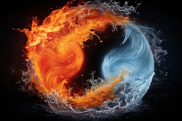 symbol tao concept yang yin water fire background circle energy isolated hot cold fireball flames yellow black traditional red blue orange design art element signs - obrazy, fototapety, plakaty