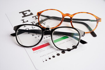 Glasses on eye exam chart to test eyesight accuracy of reading.