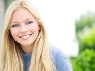 portrait of a woman smiling face blue eyes on white background