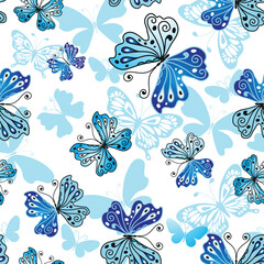 Vector seamless pattern with silhouettes of flying blue gradient butterflies on a transparent background
