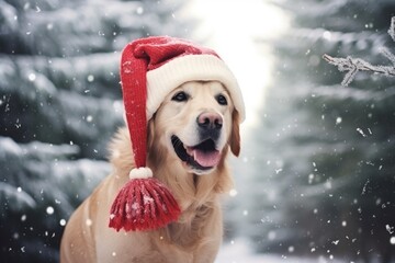 Cute happy dog in winter landscape and christmas time comeliness