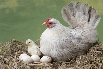 An adult hen is guarding her newly hatched chicks from predators. This poultry, which is usually...