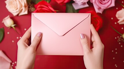 first person top view photo of valentine's day, hands holding pink envelope over romantic background with red and pink roses
