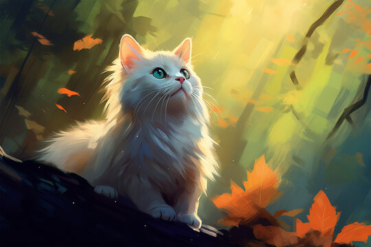 painting style landscape background, a cat in the forest