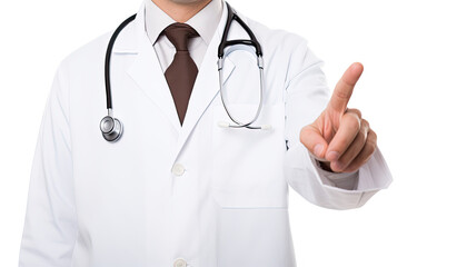 doctor with stethoscope touching virtual interface with his finger, pointing something, isolated on transparent background