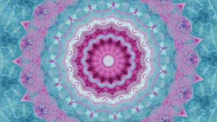 Kaleidoscope background. Ethnic mandala. Pastel pink blue color glowing round symmetrical abstract ornament free space art illustration.