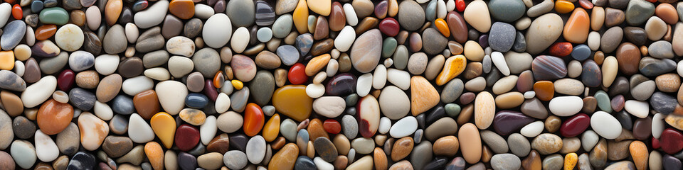 Fototapeta na wymiar long narrow panoramic view background multicolored sea polished stones, rolled pebbles on the seashore texture gems