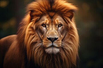 Fototapeta premium The King of the Jungle. Majestic Lion Close-Up with Serene Forest Backdrop