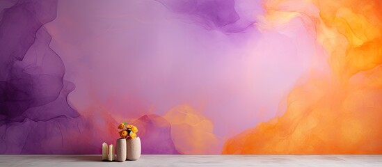 Vivid modern decor. Bright orange texture. Beige design. Dark yellow backdrop. Grey poster. Purple...