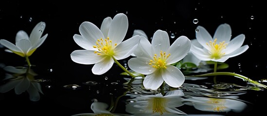 White flowers of water crowfoot in dark pool - R. aquatilis. - obrazy, fototapety, plakaty