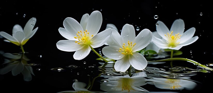 White flowers of water crowfoot in dark pool - R. aquatilis.