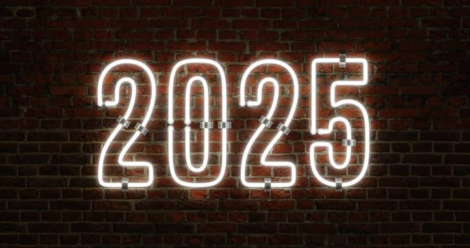 3D 2025 Happy New Year Neon Light Flickering Animation Shining Over a Brick Wall Background