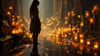 silhouette of a girl in a dark place with candles