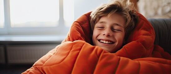 Teenage boy smiling and keeping warm near radiator in cold house during poor heating in winter season.