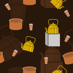 Editable Masala Chai with Its Brewing Equipment Vector Illustration Seamless Pattern With Dark Background for South Asian Beverages Culture and Tradition Related Design