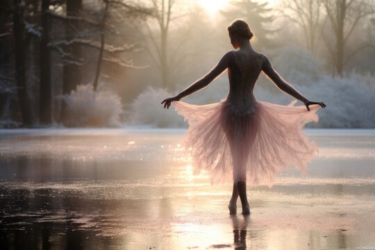 Enchanted Ice Pond: Dancing on a frozen pond, the Sugar Plum Fairy performs intricate moves on the glistening ice with the pond surrounded by frosted trees.