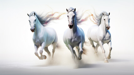 three unusual fairytale running horses, in a dynamic pose