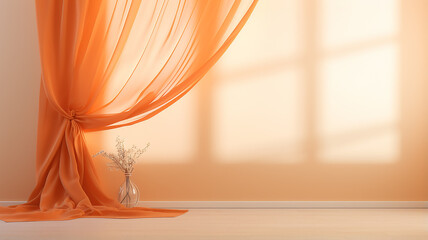 panoramic window with transparent orange curtains, background copy space