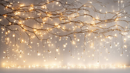decorated wall Christmas glowing festive winter background, small gold and lights garlands on the background