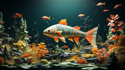 modern computer graphics three-dimensional art of fish on the seabed, abstract fictional object - obrazy, fototapety, plakaty