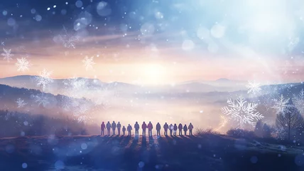 Fotobehang winter abstract background, group of people under snowfall, snowflake shape, greeting card for christmas and new year copy space © kichigin19