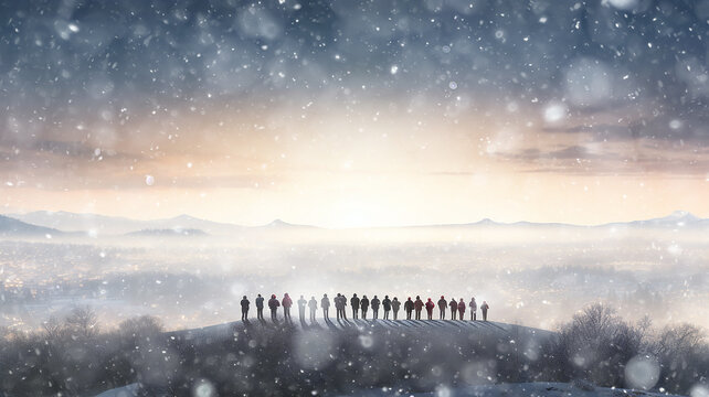 winter view, horizon line, snowfall and a group of people in a row, abstract background copy space. Festive Christmas scene falling light snow bokeh