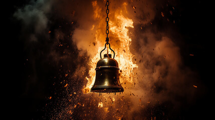 fire alarm, big bell on a black background in clouds of smoke and flames, fire alarm concept - obrazy, fototapety, plakaty
