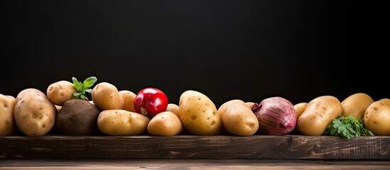 Various potatoes on rustic dark wooden table.