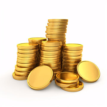 A bunch of gold coins on a white background