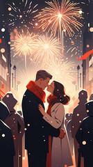 Valentine's Day Christmas lovers meet and hug warm illustration