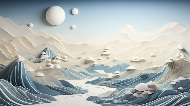 abstract landscape of nature in cold light blue tones, three-dimensional painting style, computer graphics