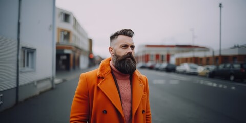 A Bearded Man in an Orange Coat, Embodying Warmth and Style