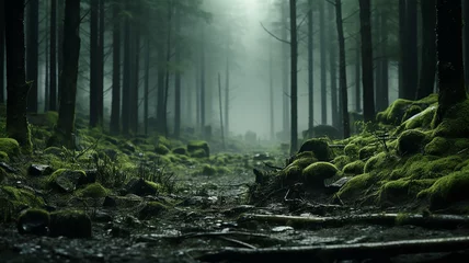 art misty green dense forest, a gloomy dream in the wild thicket of the forest