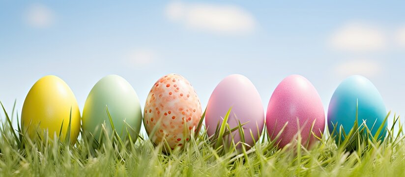 Six pastel Easter eggs in grass with room for text.