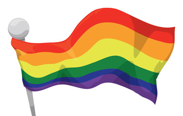 Waving rainbow flag with silver flagpole for Pride event, Vector illustration