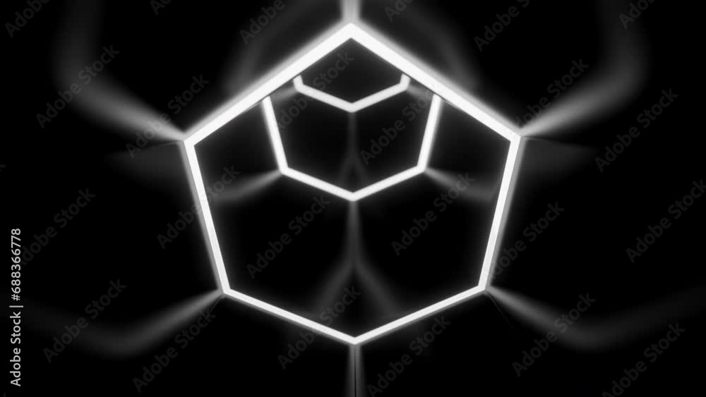 Poster abstract monochrome hexagon shapes creating effect of a tunnel. design. flying through neon frames.