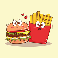 Cute Cartoon Burger with French Fries