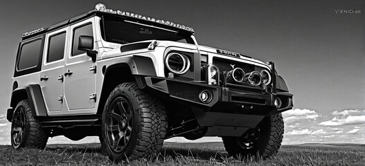 car drawn with line, black and white