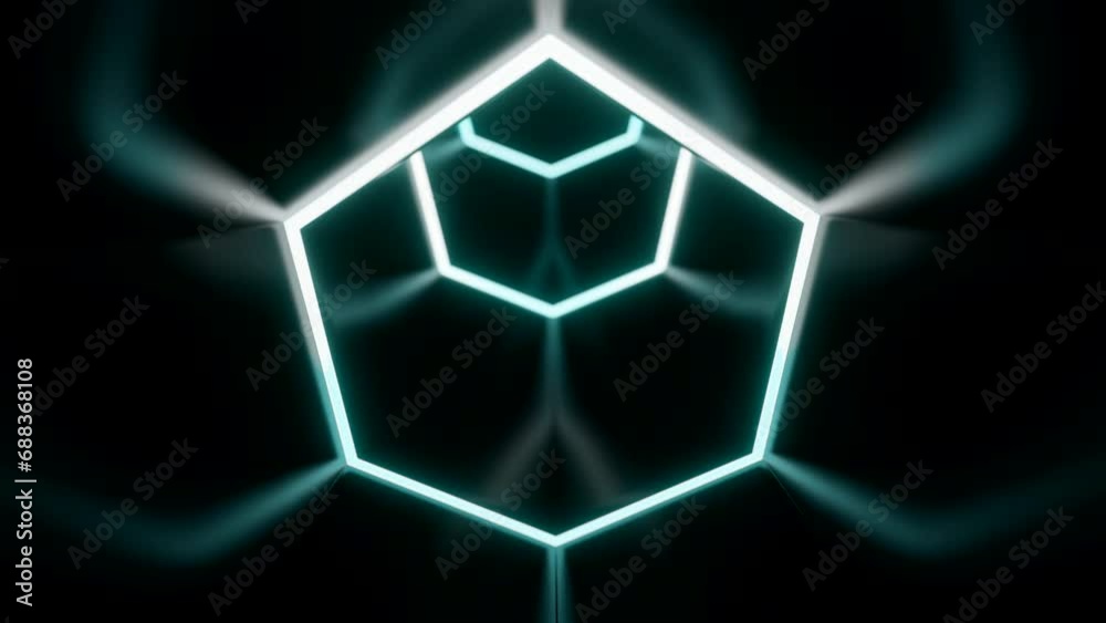 Poster flying inside dark virtual tunnel with neon hexagonal grid. design. bright neon grid of hexagons in 