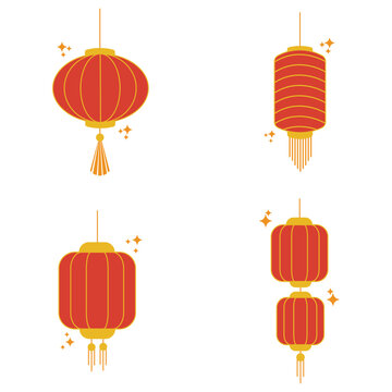 Lantern Chinese New Year On White Background. For Festival Invitation Template. Vector Illustration Set. 
