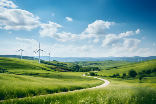 A captivating photograph of a wind farm in a sunny green landscape, where elegant turbines harness nature's breath to capture renewable energy,